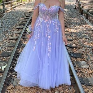 Lavender Off-Shoulder Gown with Floral Embroidery